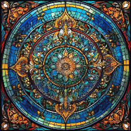 In the style of vibrant, intricate stained glass, create an image based on: . Utilize elements of bold mosaic patterns, mythical themes, and intricate details with rich, contrasting colors.