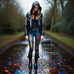 girl in black leather hood and collar wearing black leather biker jacket tight blue denim jeans and black original tall hunter wellies. she is outside and the ground is wet
