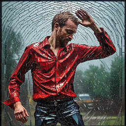 man dancing in the rain wearing red shirt
