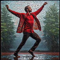 man dancing in the rain wearing red shirt