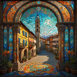 An ethereal intricate rendering of the historic town ofFlorence, Italy, entirely done in a mosaic stained-glass pattern  where the mosaic pieces vary in size and form, strong coloring, stark contrast, clear lines, HDR, 3D, 3D shading  Stained glass, beautiful colors, hyperdetailed, intricate, complementary colors, concept art, tarot. Volumetric lighting, vivid color gradients, a masterpiece, best quality, trending on Artstation, 8k resolution, incredibly detailed.