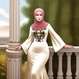 A full-body portrait of a plus-size woman standing confidently on a balcony, leaning lightly against a white pillar. She wears a form-fitting, long-sleeved, floor-length beige mermaid gown with a ruffled hem, complemented by a matching hijab that drapes elegantly around her head and neck. Her makeup is polished, featuring defined eyebrows, smoky eyeshadow, and soft pink lips. She gazes directly at the viewer with a serene, confident expression. Her pose is poised and graceful, with one hand resting on the pillar and the other on her hip. The scene is set on a modern balcony with a black metal railing, overlooking a soft-focus landscape of rolling hills and trees under a bright, diffused sky. Natural daylight illuminates the scene, creating soft shadows and highlighting the smooth texture of the fabric. The overall style is high-fashion editorial with a realistic, photorealistic quality, emphasizing elegance, body positivity, and sophistication. The composition is centered, with a shallow depth of field that keeps the subject sharply in focus while gently blurring the background