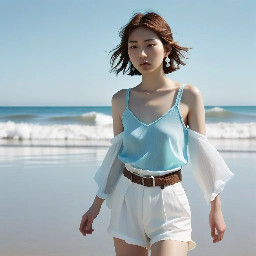 Create a vertical Japanese summer fashion magazine poster featuring {argument name="character name" default="a beautiful young Japanese woman"} walking through shallow, crystal-clear turquoise seawater on a bright sunny day. She is centered full-body, photographed from a slightly low front angle, looking off to the viewer’s right with a calm elegant expression, wind-blown short brown bob hair, natural makeup, pearl earrings, and luminous sunlit skin. Outfit: a pale blue ribbed tank top, high-waisted white tailored shorts with a small belt, and a sheer loose white long-sleeve cover-up shirt slipping open and flowing in the sea breeze. The water reaches her lower calves with sparkling splashes around one stepping foot, visible rippling sand patterns under the water, a flat ocean horizon, soft white clouds, and an intense clear blue sky. Use a clean airy editorial photography style, high-key lighting, pastel cyan and white color palette, glossy Japanese lifestyle magazine aesthetic, realistic fashion-photo detail, gentle lens flare, crisp fabric texture, and refreshing summer atmosphere. Add large translucent Japanese typography integrated into the sky and sea: oversized white characters near the top reading 「Summer」 with pale blue vertical text on the right reading 「の涼風」 and oversized pale blue characters near the lower left reading 「海」. Add one small vertical Japanese tagline at upper left-center: 「夏が来る きらめく海辺で、私らしく。」 Add small English footer text: bottom left “SUMMER COLLECTION” and “2024”; bottom right “LIGHT / CLEAR / BREEZE”. Keep the composition minimalist and elegant, with text partially blending into the bright sky and water, no extra people, no buildings, no logos, no watermark. Customize the mood with {argument name="season theme" default="refreshing midsummer seaside"}, outfit color with {argument name="tank top color" default="pale blue"}, and the main large Japanese title with {argument name="headline text" default="Summerの涼風海"}.