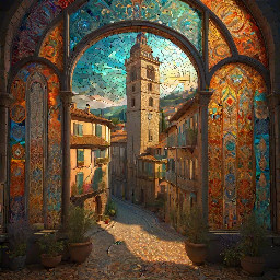 An ethereal intricate rendering of the historic town ofFlorence, Italy, entirely done in a mosaic stained-glass pattern  where the mosaic pieces vary in size and form, strong coloring, stark contrast, clear lines, HDR, 3D, 3D shading  Stained glass, beautiful colors, hyperdetailed, intricate, complementary colors, concept art, tarot. Volumetric lighting, vivid color gradients, a masterpiece, best quality, trending on Artstation, 8k resolution, incredibly detailed.