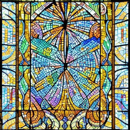 In the style of vibrant, intricate stained glass, create an image based on: . Utilize elements of bold mosaic patterns, mythical themes, and intricate details with rich, contrasting colors.