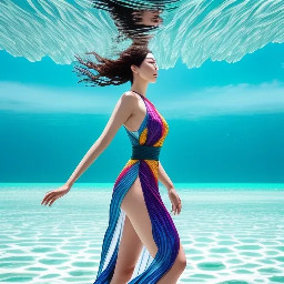 Create a vertical Japanese summer fashion magazine poster featuring {argument name="character name" default="a beautiful young Japanese woman"} walking through shallow, crystal-clear turquoise seawater on a bright sunny day. She is centered full-body, photographed from a slightly low front angle, looking off to the viewer’s right with a calm elegant expression, wind-blown short brown bob hair, natural makeup, pearl earrings, and luminous sunlit skin. Outfit: a pale blue ribbed tank top, high-waisted white tailored shorts with a small belt, and a sheer loose white long-sleeve cover-up shirt slipping open and flowing in the sea breeze. The water reaches her lower calves with sparkling splashes around one stepping foot, visible rippling sand patterns under the water, a flat ocean horizon, soft white clouds, and an intense clear blue sky. Use a clean airy editorial photography style, high-key lighting, pastel cyan and white color palette, glossy Japanese lifestyle magazine aesthetic, realistic fashion-photo detail, gentle lens flare, crisp fabric texture, and refreshing summer atmosphere. Add large translucent Japanese typography integrated into the sky and sea: oversized white characters near the top reading 「Summer」 with pale blue vertical text on the right reading 「の涼風」 and oversized pale blue characters near the lower left reading 「海」. Add one small vertical Japanese tagline at upper left-center: 「夏が来る きらめく海辺で、私らしく。」 Add small English footer text: bottom left “SUMMER COLLECTION” and “2024”; bottom right “LIGHT / CLEAR / BREEZE”. Keep the composition minimalist and elegant, with text partially blending into the bright sky and water, no extra people, no buildings, no logos, no watermark. Customize the mood with {argument name="season theme" default="refreshing midsummer seaside"}, outfit color with {argument name="tank top color" default="pale blue"}, and the main large Japanese title with {argument name="headline text" default="Summerの涼風海"}.